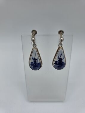 Vintage Delft Sailboat Porcelain Silver Screwback Dangle Earrings